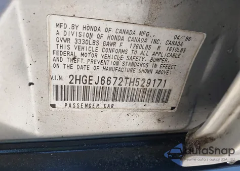 1996 Honda Civic Lx z USA, uszkodzony, nr VIN 2HGEJ6672TH529171